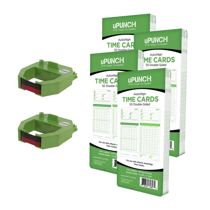 uPunch 2 Pack Ribbon/200 Card Combo for Green HN3000 AutoAlign Time Clocks (HNRG2TCG1200) - Image 1
